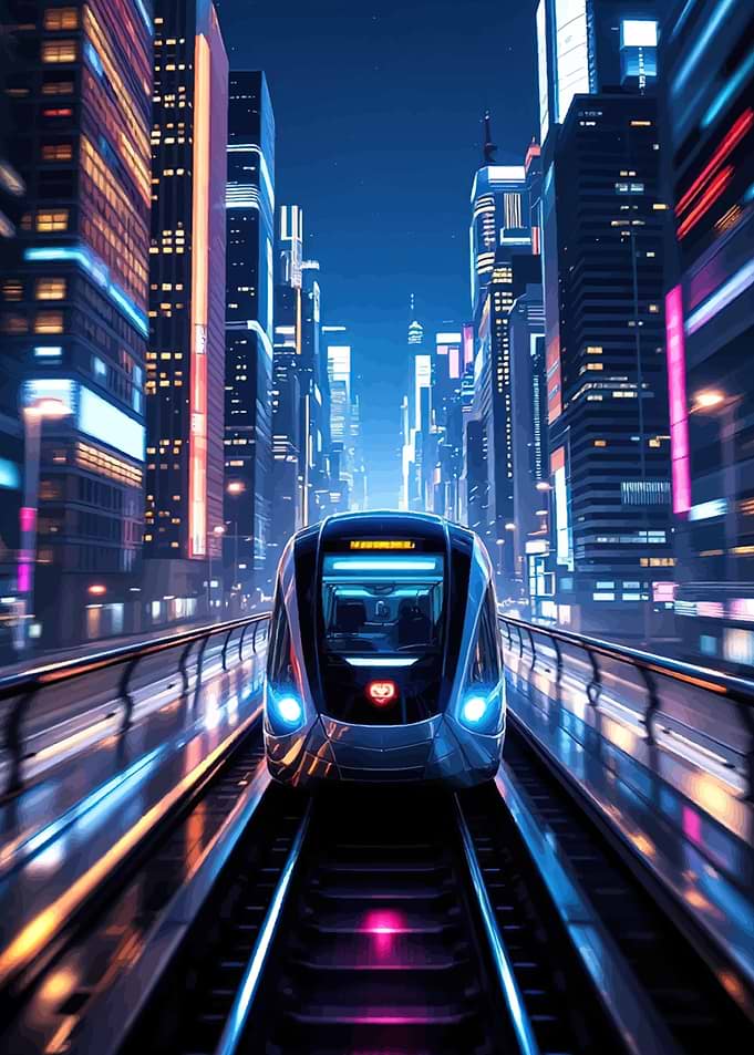 Futuristic Train in Neon City