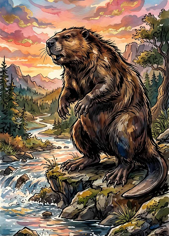 Beaver by a Mountain Stream at Sunset