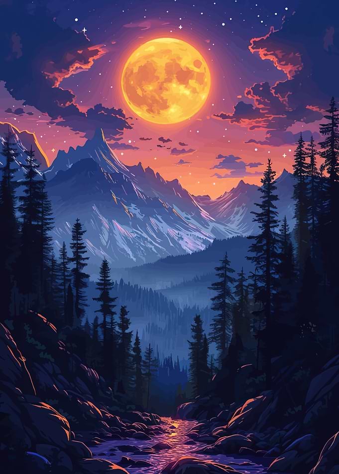 Moonlit Mountain Landscape with River