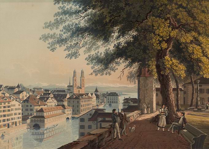 Cityscape with River and People