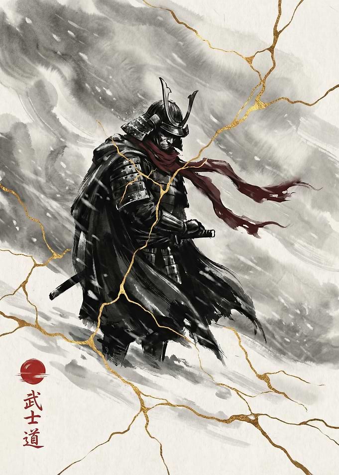 Samurai in Snow with Gold Kintsugi