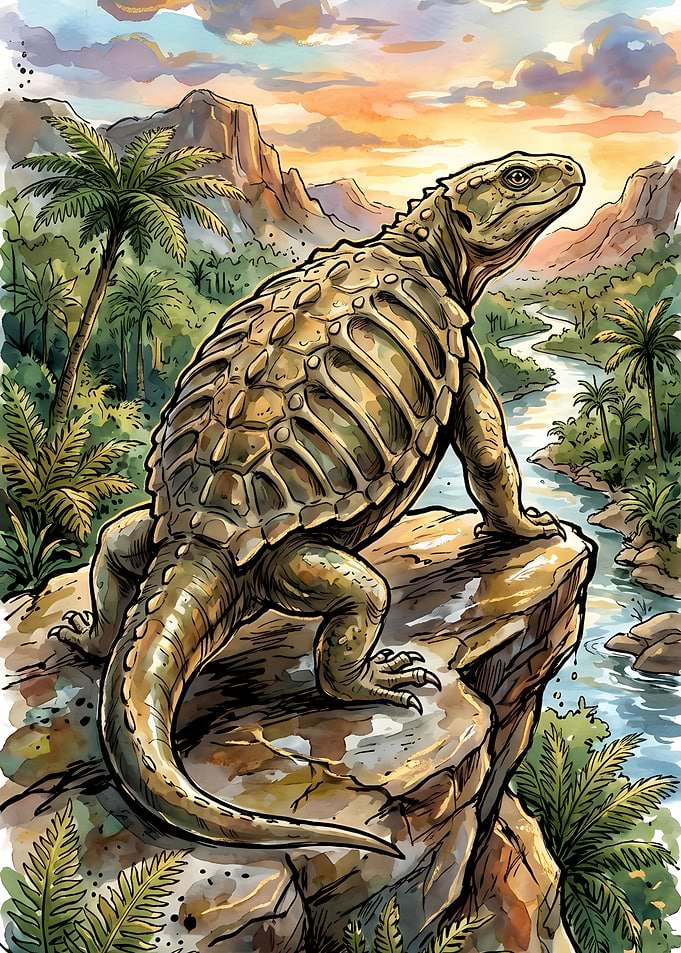Dinosaur on a cliff overlooking a river