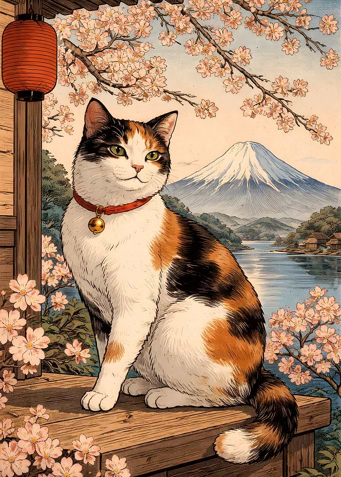 Calico Cat with Mount Fuji and Cherry Blossoms