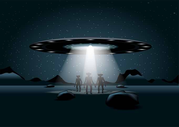 Aliens and UFO in a Night Landscape