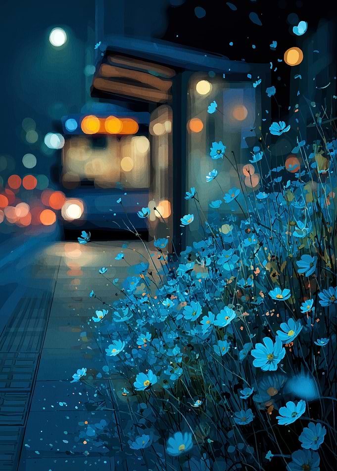 Night Bus Stop with Blue Flowers