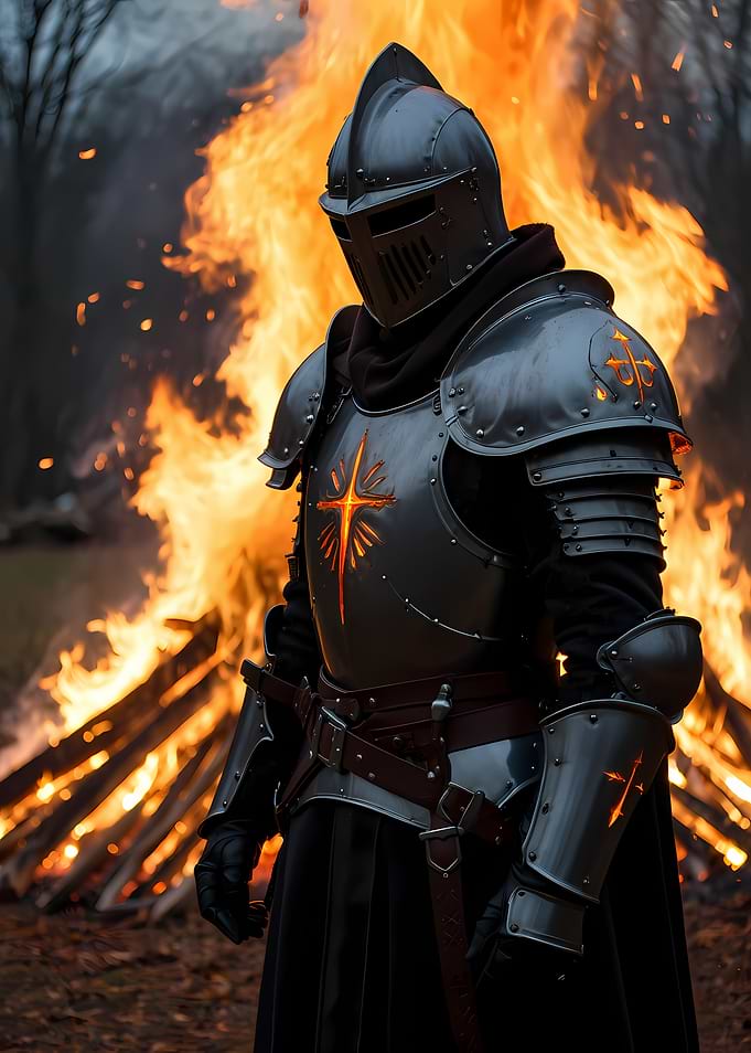 Knight in front of a bonfire