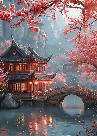 Serene Japanese Garden with Cherry Blossoms