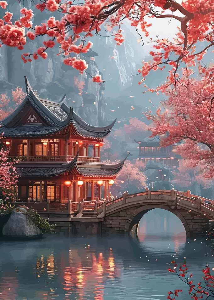 Serene Japanese Garden with Cherry Blossoms