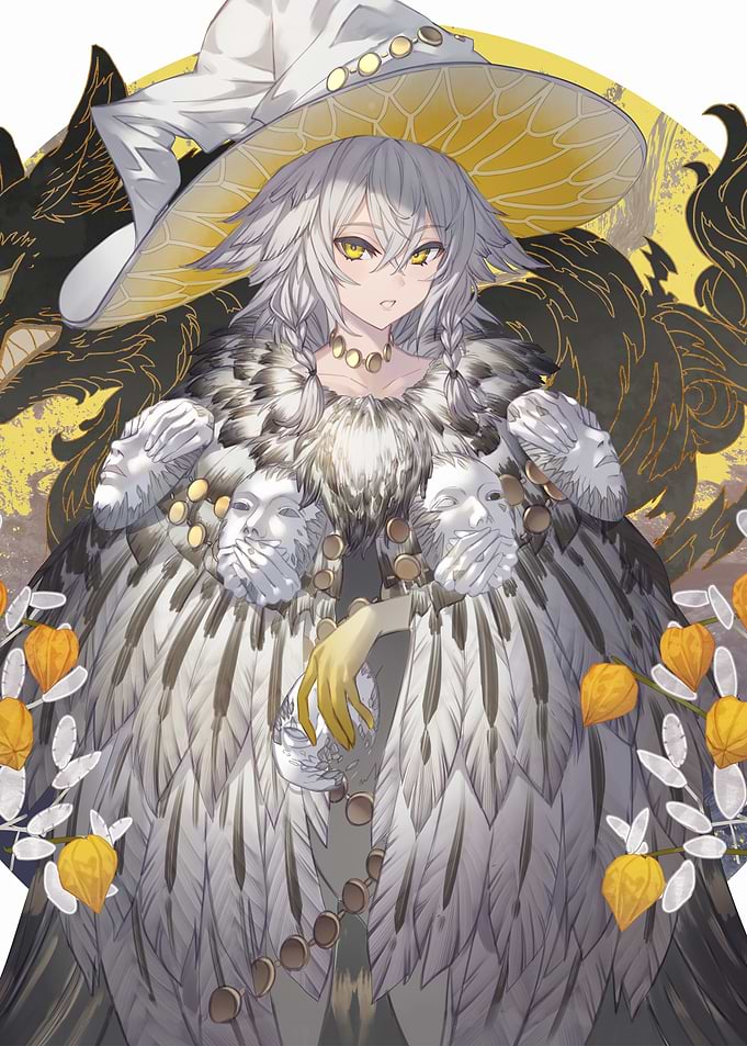 Anime Witch with Feathered Robes and Masks