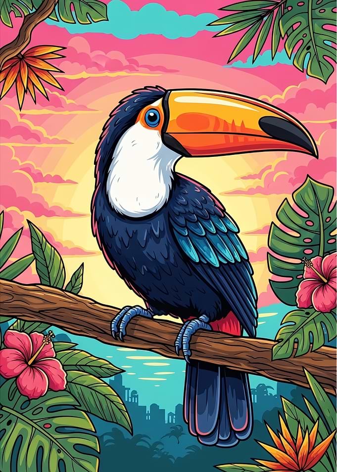 Tropical Toucan on a Branch at Sunset – Colorful Jungle Bird Poster