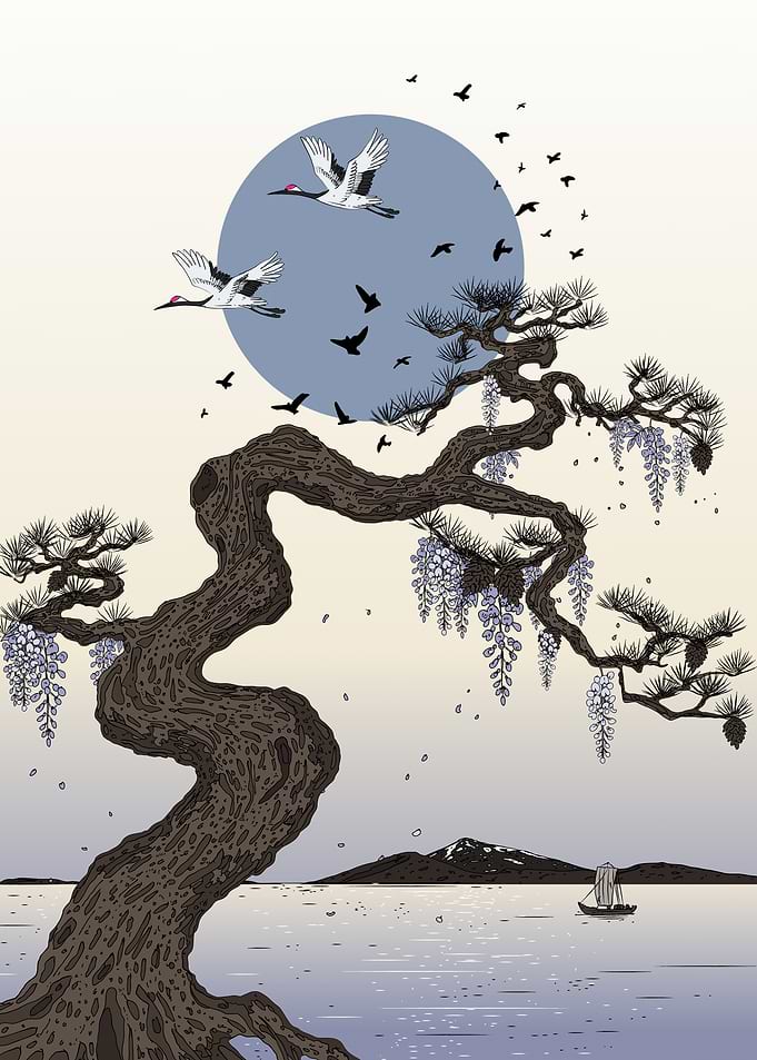 Japanese Cranes and Pine Tree