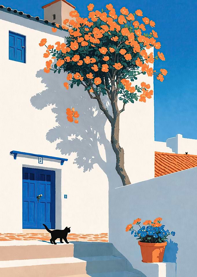 Black Cat by Blue Door and Orange Tree