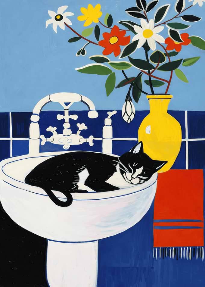 Cat Sleeping in a Sink with Flowers