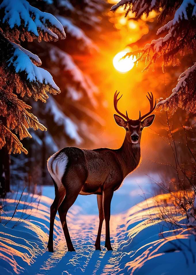 Deer in a Snowy Forest at Sunset