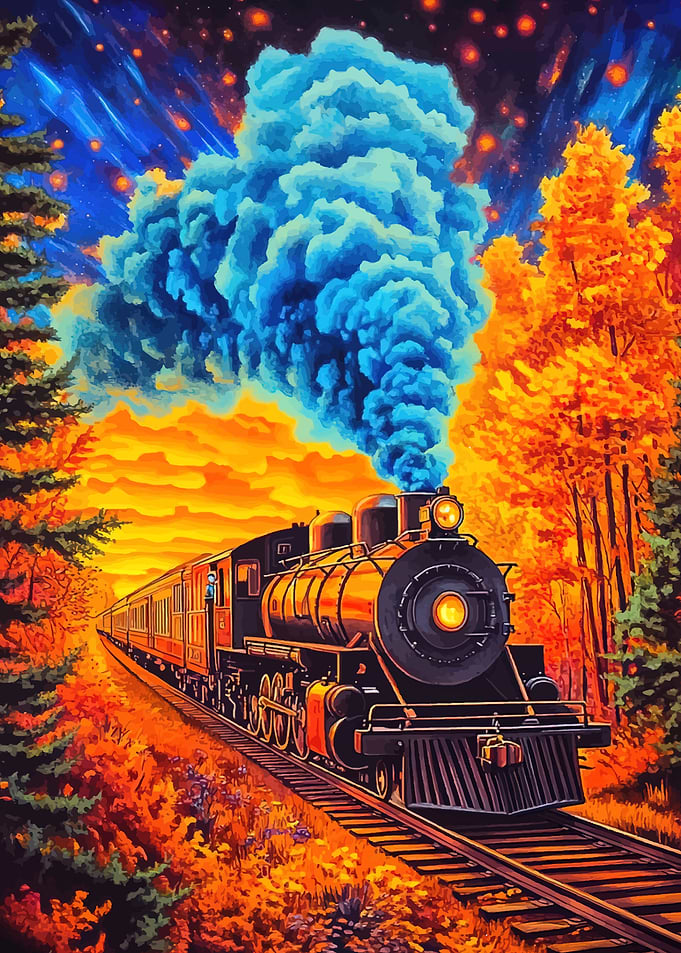 Steampunk Train in Autumn Sky