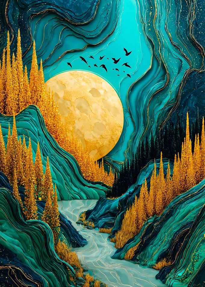 Teal Fluid Landscape Gold Moon