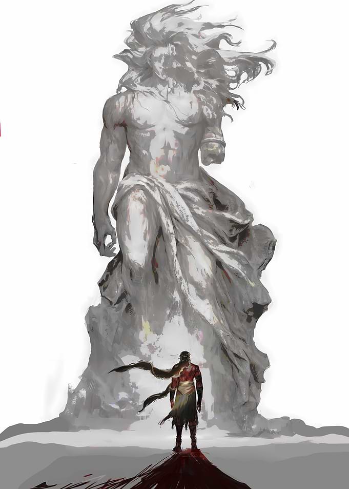 Warrior Before Giant Statue