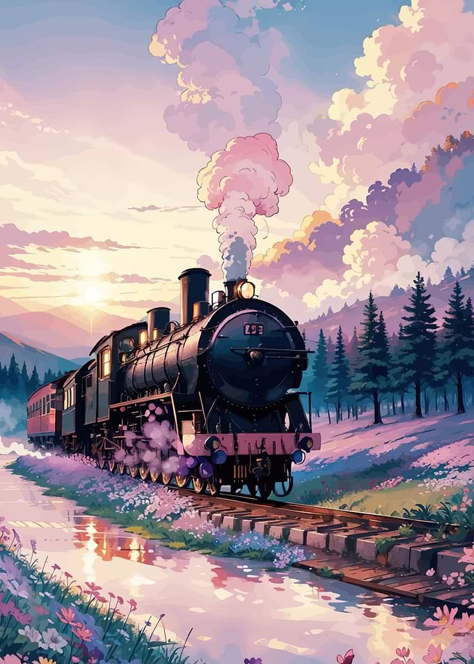 Vintage Train in a Floral Landscape