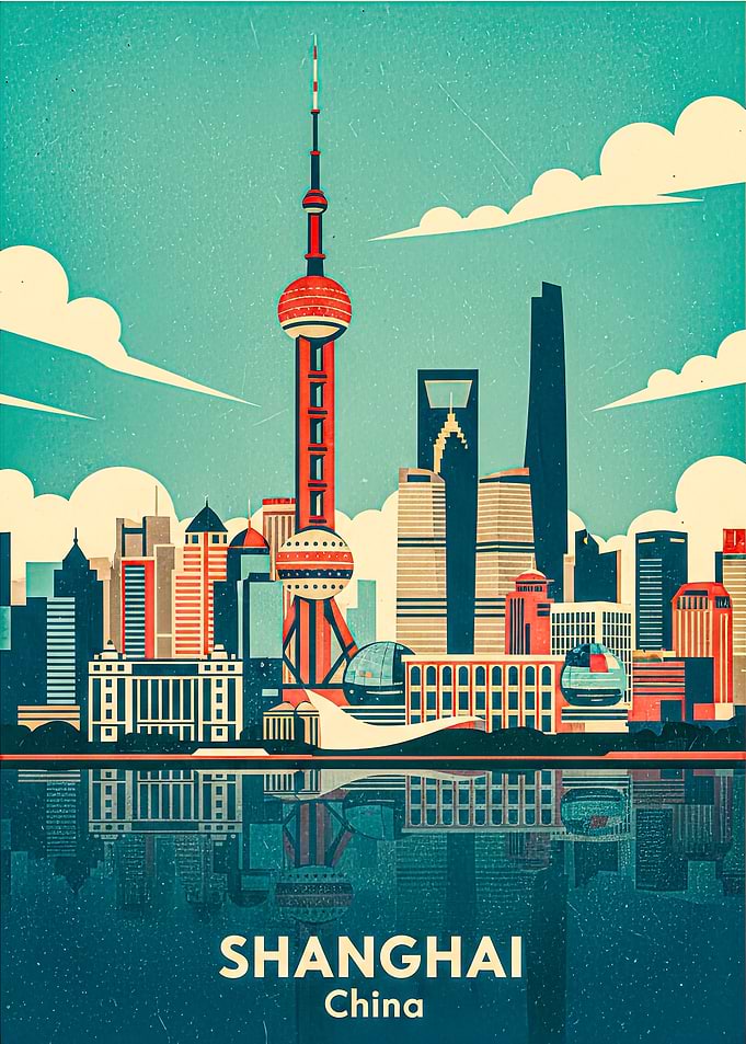 Shanghai Skyline Vintage Poster