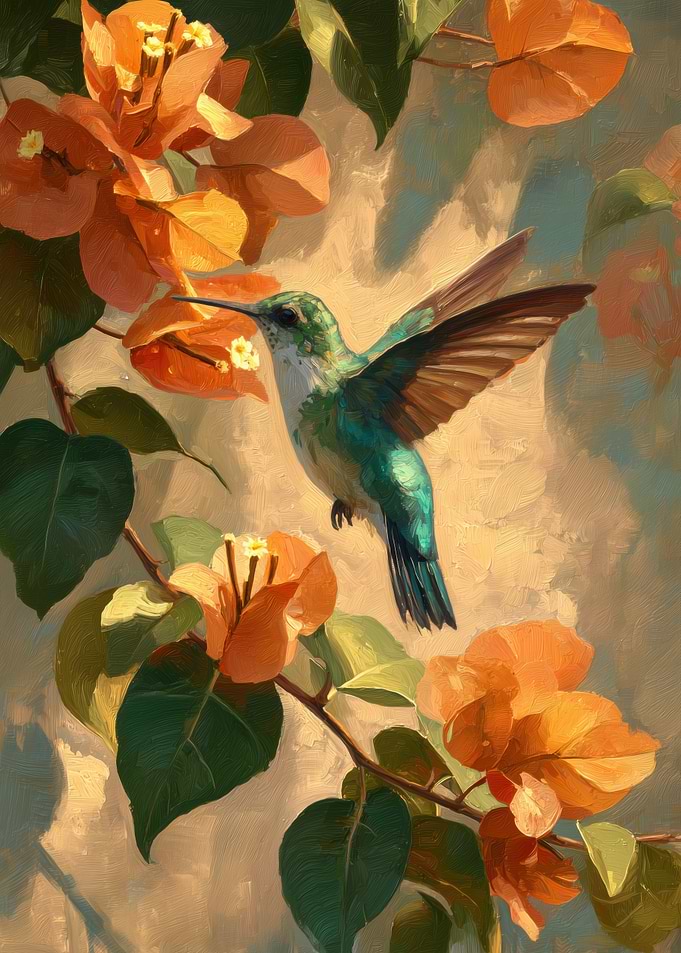 Hummingbird and Orange Bougainvillea