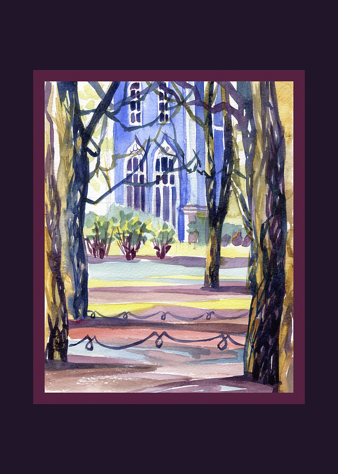 Watercolor Painting of a Tree Alley and Building