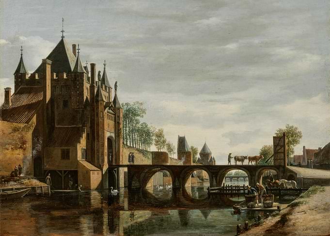 Canal scene with gatehouse and bridge