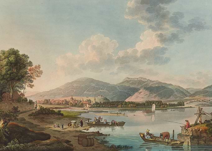 River landscape with town and boats
