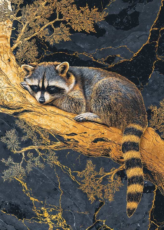 Sleeping Raccoon On Gold Branch