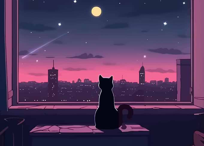 Cat silhouetted against a city skyline at night