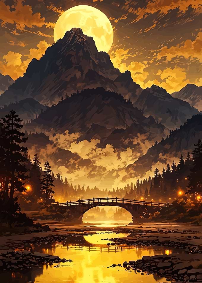 Moonlit Mountain Bridge Landscape