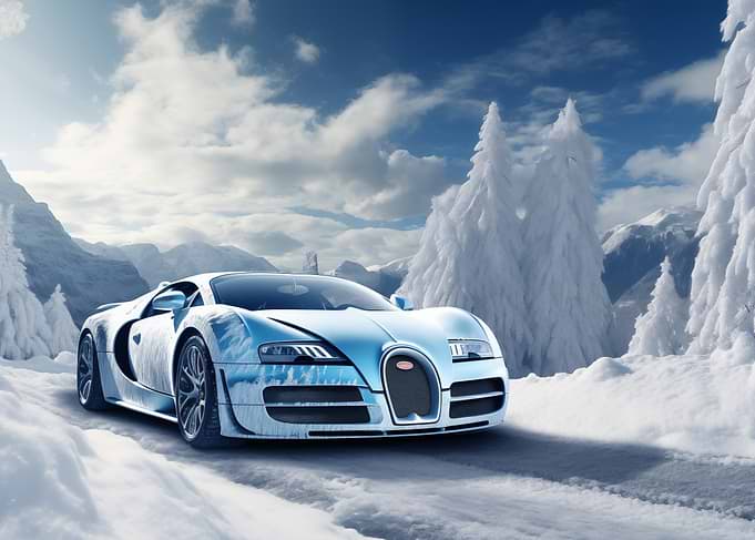 Bugatti in a Snowy Landscape