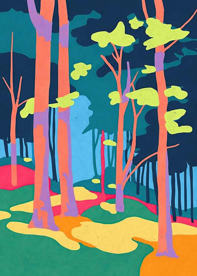 Vibrant Forest Path with Abstract Trees