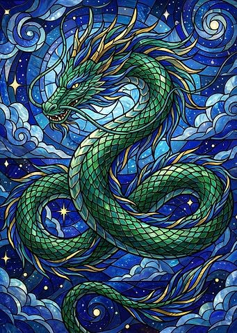 Stained Glass Dragon in Starry Sky