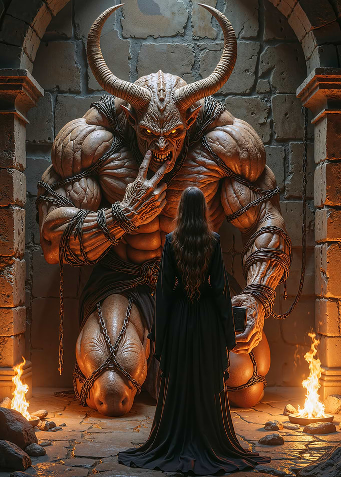 Dark Fantasy Demon chained before a witch