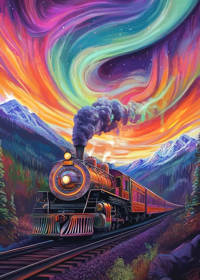 Train Under Aurora Borealis Sky