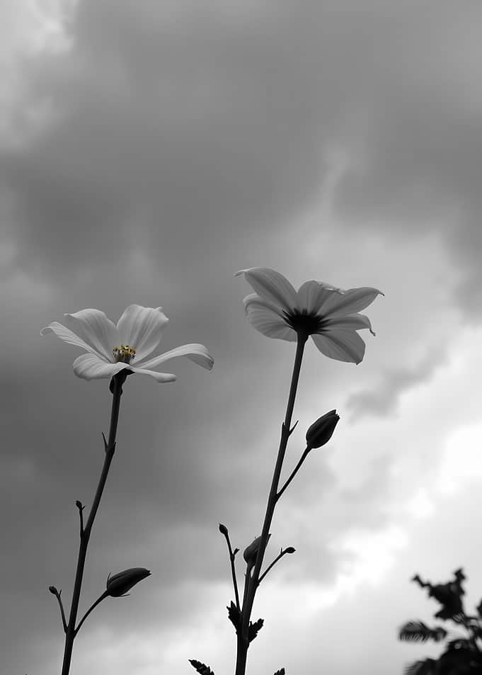 Two Cosmos Flowers Against Cloudy Sky
