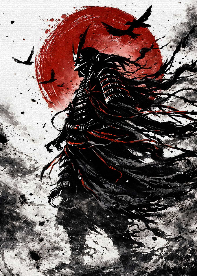 Samurai Warrior with Red Sun and Birds