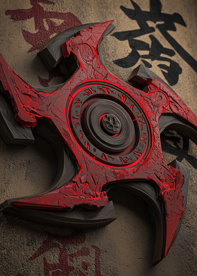 Red and Black Shuriken with Japanese Script
