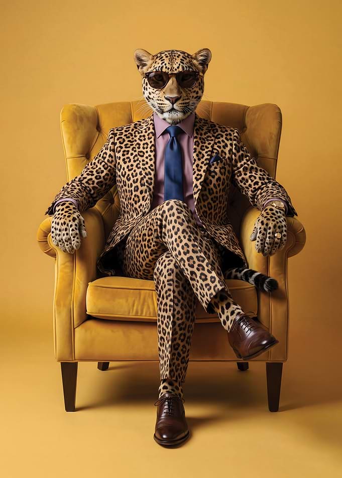Leopard Man in Suit Sitting in Chair