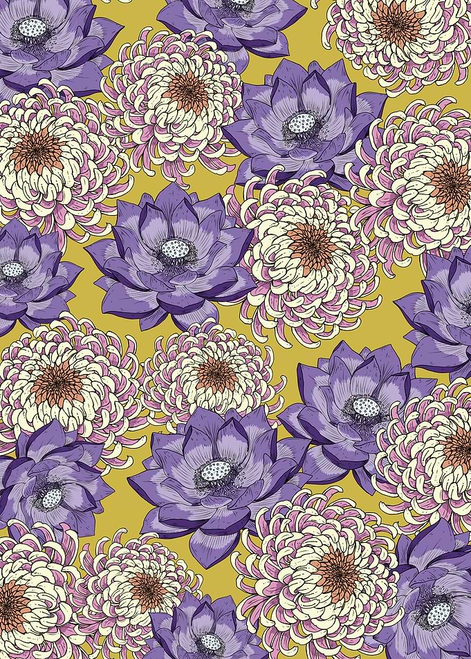 Purple Lotus and Chrysanthemum Floral Pattern