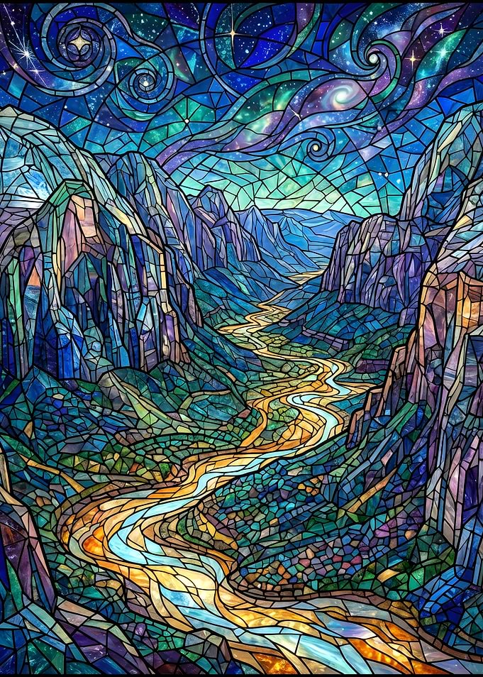 Stained Glass Mountain Valley at Night