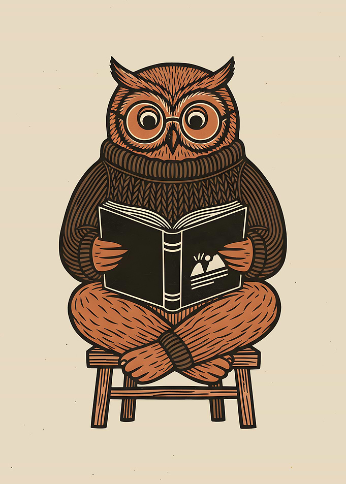 Owl Reading a Book on a Stool