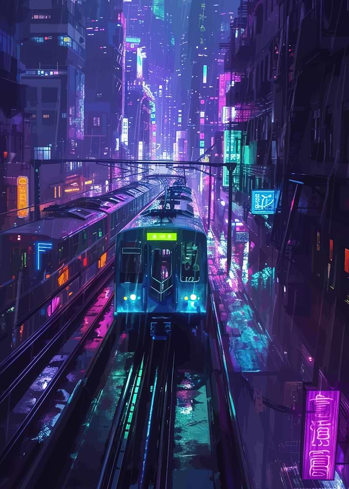 Cyberpunk City Train at Night