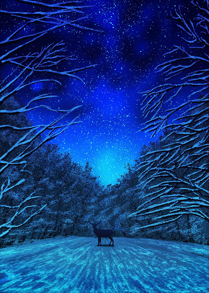 Deer in a Snowy Forest Under a Starry Sky
