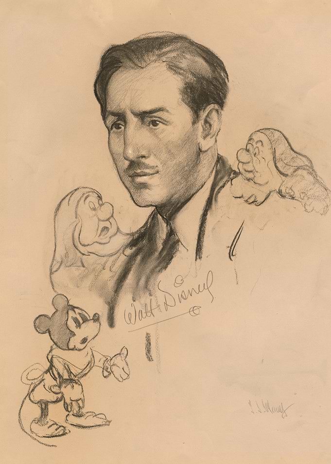 Walt Disney with Mickey Mouse and Dwarfs