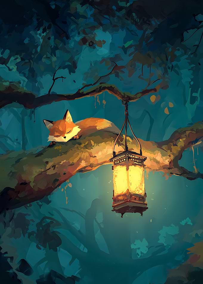 Fox Sleeping by Lantern on Tree Branch