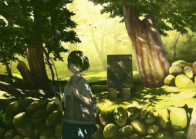Girl in a sunlit forest with a stone monument