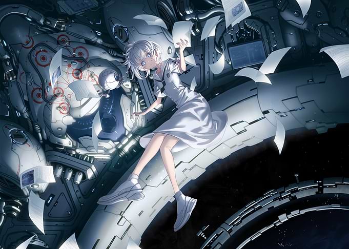 Girl and Robot in Sci-Fi Environment