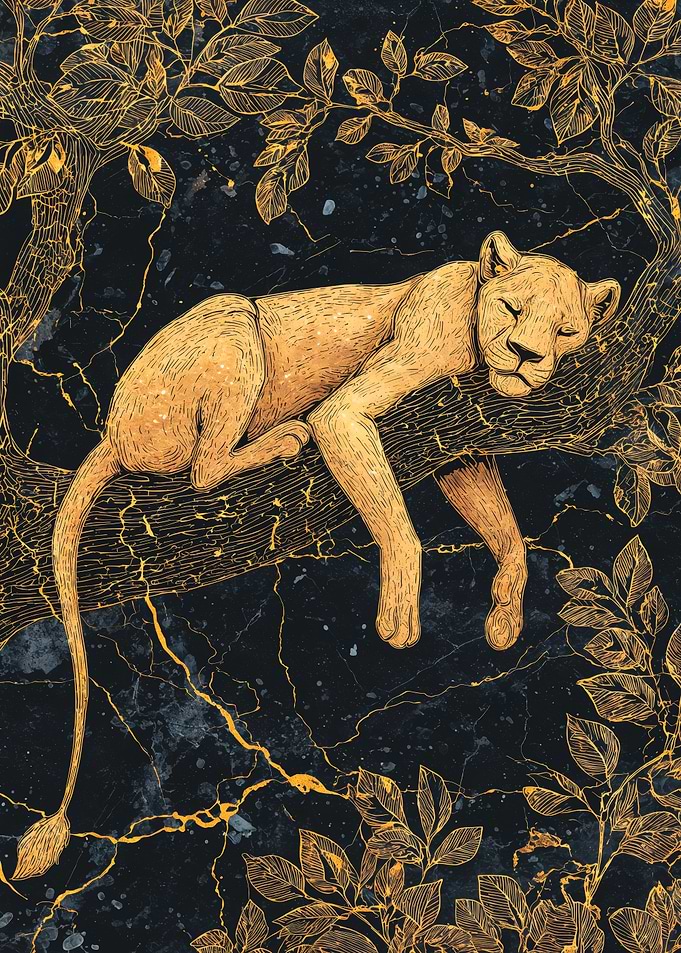 Golden Lioness Resting In Tree Branch