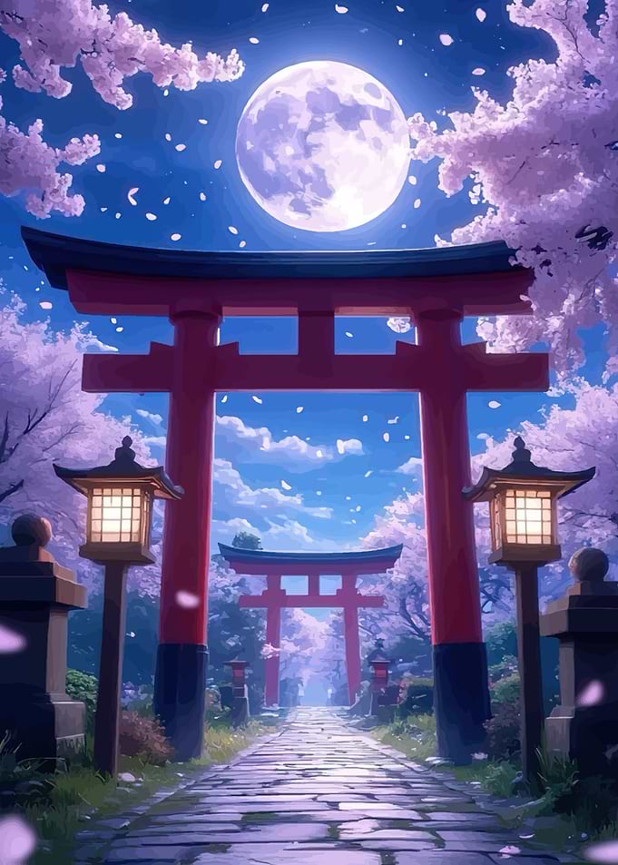 Japanese Torii Gates Under a Full Moon